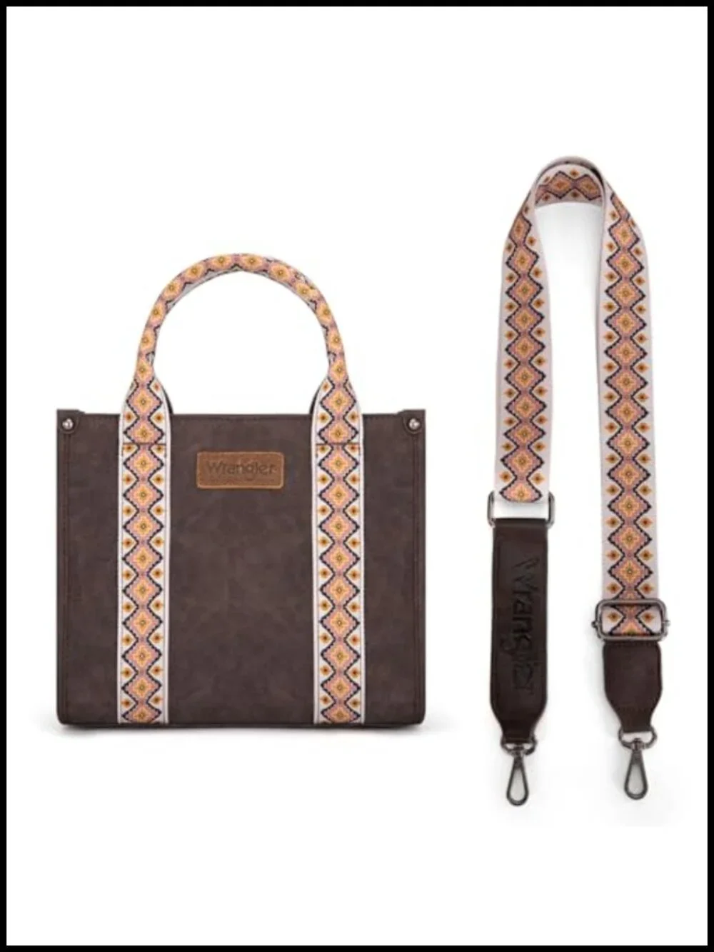 Wrangler Western Satchel Crossbody Purse with Aztec Woven Trim, Secure Zip Top